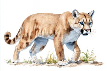 Obraz premium Tan Cougar with Blue Eyes Walking Through Grass