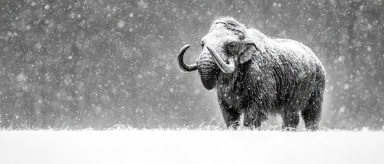 An elephant stands in a snowy landscape, showcasing nature's beauty and resilience.