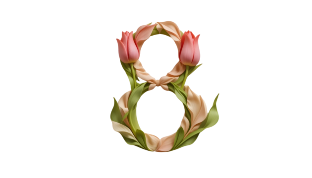 A delicate floral number eight crafted from tulips and leaves, celebrating International Women's Day with a soft, elegant aesthetic. - Powered by Adobe