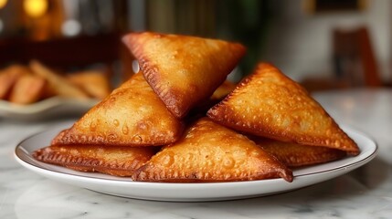 Kenyan mandazi triangle shaped fried dough pastries stacked white plate crisp golden texture clean background