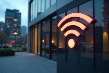 Close-up of wifi icon on sleek modern office building facade, internet, communication