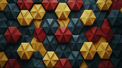 Wall adorned with folded paper featuring angular tessellations in vibrant colors that create a captivating and textured look.