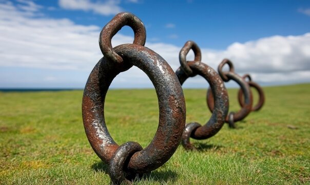 Rusty Metal Rings on Green Grass Under Blue Sky with Clouds, Detail of Chain Links in Natural Environment, Outdoor Setting, Concept of Strength and Connection
