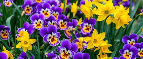 Fotobehang Close-up view of vibrant yellow daffodils and purple pansies blooming in spring, insects, garden © Tanapong