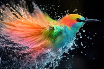 A colorful bird emerging from water creating a splash effect