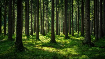 Dense forest with tall trees and soft lighting.