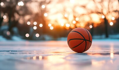 Basketball on snowy court, sunset.  Winter sports, outdoor game