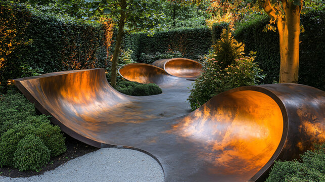 Dynamic view of a skateboarder performing tricks in a vibrant skate park surrounded by artistic sculptures at dusk with warm lighting effects.