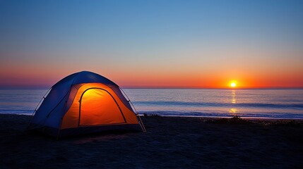 Serene Sunset Camping Scene by the Beach with Illuminated Tent