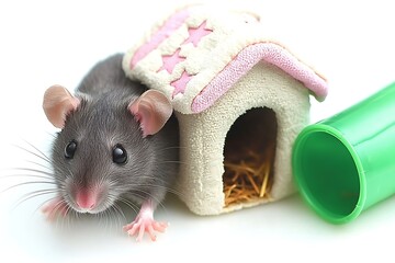 Grey Rat for Toy House, White Background.