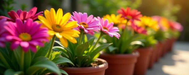 Close up of vibrant potted daisies in a row on a sunny patio, garden, sunny, potted