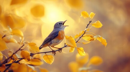 Bird singing autumn branch sunset nature