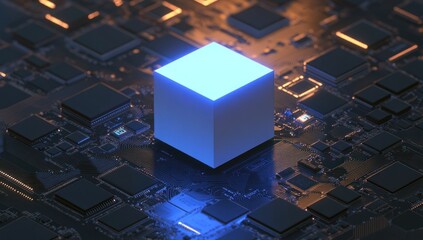 A glowing blue cube is positioned upon the circuit board