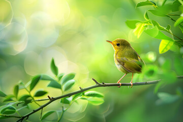 Obraz premium Serene Warbler Perched in Verdant Forest Captivating Wildlife Moment of Tranquility and Natural Beauty