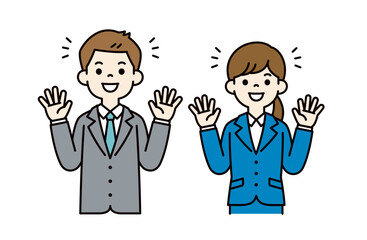 両手を広げて喜ぶ、男女の会社員のシンプルなベクターイラスト素材＿カラー