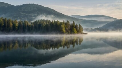 Fototapeta premium A serene lake reflects mountains and lush green trees under a misty morning sky.
