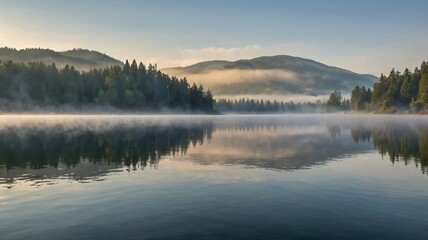 Fototapeta premium A tranquil morning scene at a misty lake, surrounded by lush green hills and trees reflecting on the calm water.