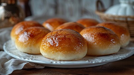Latvian piragi bacon buns neatly arranged a circular pattern on a white plate golden brown surface isolated view