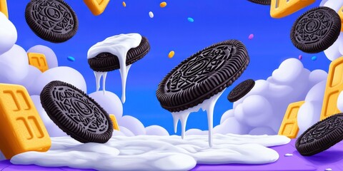 Dreamy Fantasy Dessert Scene with Oreo Cookies, Cream, and Colorful Sprinkles Floating in a Whimsical Sky Among Fluffy Clouds and Delicious Treats