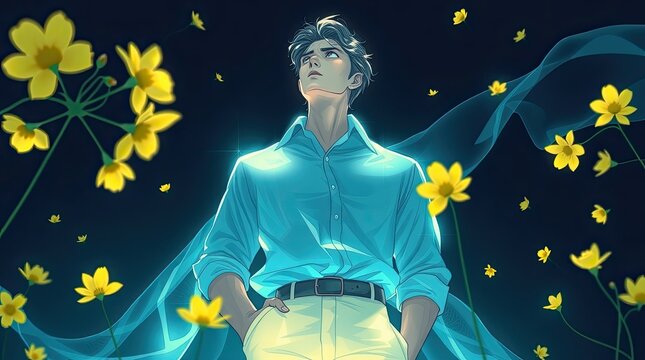 A young man gazes upward with a calm expression while surrounded by vibrant yellow flowers and a mystical blue aura showcasing a magical twilight atmosphere