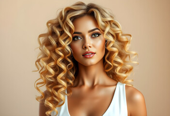 Fototapeta premium Golden curls cascade down a radiant woman's shoulders, a stunning portrait against a soft beige backdrop.