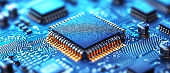 Close-up of a microprocessor on a circuit board, highlighting technology and innovation.