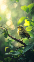 Obraz premium Serene Warbler Perched in Verdant Forest Captivating Wildlife Moment of Tranquility and Natural Beauty