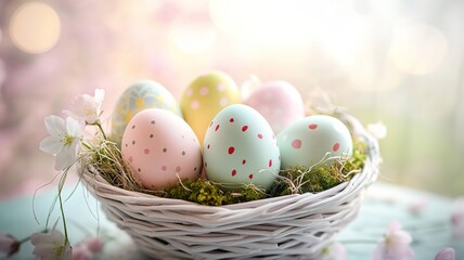 Colorful Easter eggs in spring grass with pastel flowers, embodying joy and renewal.
