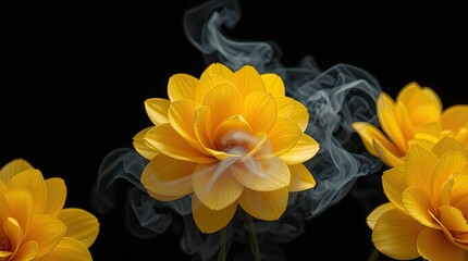 Obraz premium Vibrant yellow flowers gracefully emerge from a dark backdrop with ethereal wisps of smoke curling around creating a striking and artistic composition