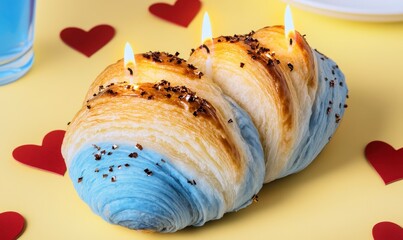 Colorful croissant with lit candles and chocolate flakes on yellow backdrop, perfect for celebrations and special occasions, displaying creativity and joy