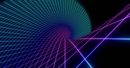 Futuristic glowing neon twisted wireframe background. Shining grid spiral in perspective. Bright retro digital style. 3D rendering.