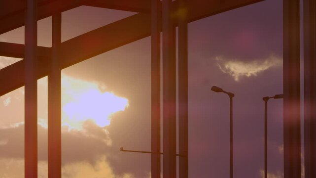 sun, light, sky, rays, beams, beams, iron bridge, arch, halation