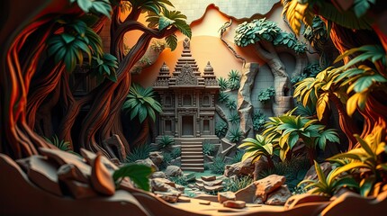 Fototapeta premium Enchanting ancient temple nestled in vibrant jungle with detailed foliage and stones showcasing natures beauty at a magical golden hour setting