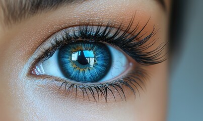 Obraz premium Close-up of a striking blue eye with detailed eyelashes and reflections.