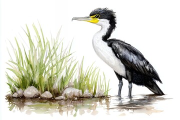 Watercolor of a Black and White Cormorant in a Natural Setting