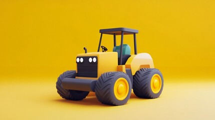Yellow Low Poly Tractor on Yellow Background 3D Render