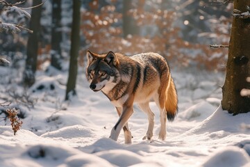 Obraz premium Majestic Wolf Walking in a Snowy Forest