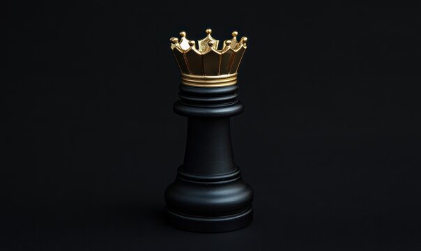 Black queen chess piece with golden crown, dark background, leadership concept