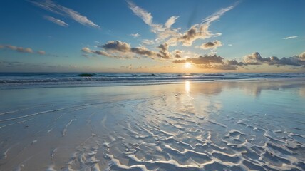 Tranquil ocean sunset reflecting on wet sand, with dramatic clouds and vibrant colors creating a serene beach atmosphere.