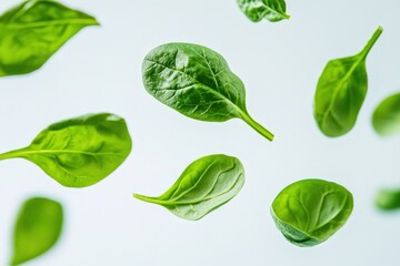 Obraz premium Fresh green spinach leaves floating isolated against a bright backdrop
