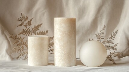 Beige cylinder & sphere display, neutral backdrop, aesthetic still life, possible use product photography