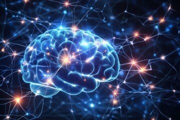 A glowing brain with intricate neuronal connections is shown