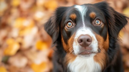 Adorable Bernese Mountain Dog in Autumn Leaves