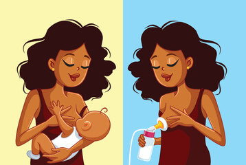 Woman Breastfeeds or Uses Breast Pump Vector Illustration. Mom feeling connection breastfeeding or pumping for her little one