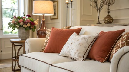 A close-up of a fabric sofa featuring white and terra cotta pillows in a cozy, well-lit room with a decorative lamp and flowers in the background.

