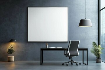 Chic dark office with black desk, chair, pendant light, and empty white billboard. Marketing mockup. 3D Rendering