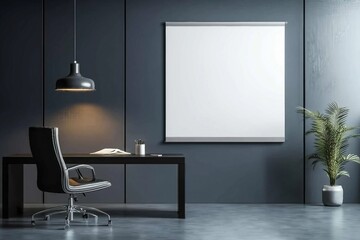 Chic dark office with black desk, chair, pendant light, and empty white billboard. Marketing mockup. 3D Rendering