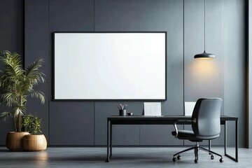 Chic dark office with black desk, chair, pendant light, and empty white billboard. Marketing mockup. 3D Rendering