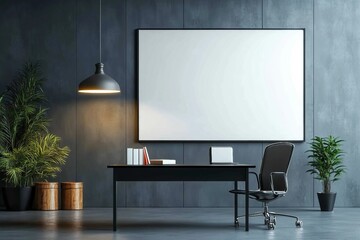 Chic dark office with black desk, chair, pendant light, and empty white billboard. Marketing mockup. 3D Rendering