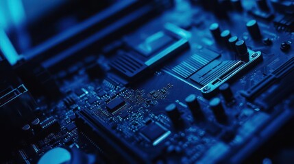Blue circuit board closeup, technology background, electronics detail